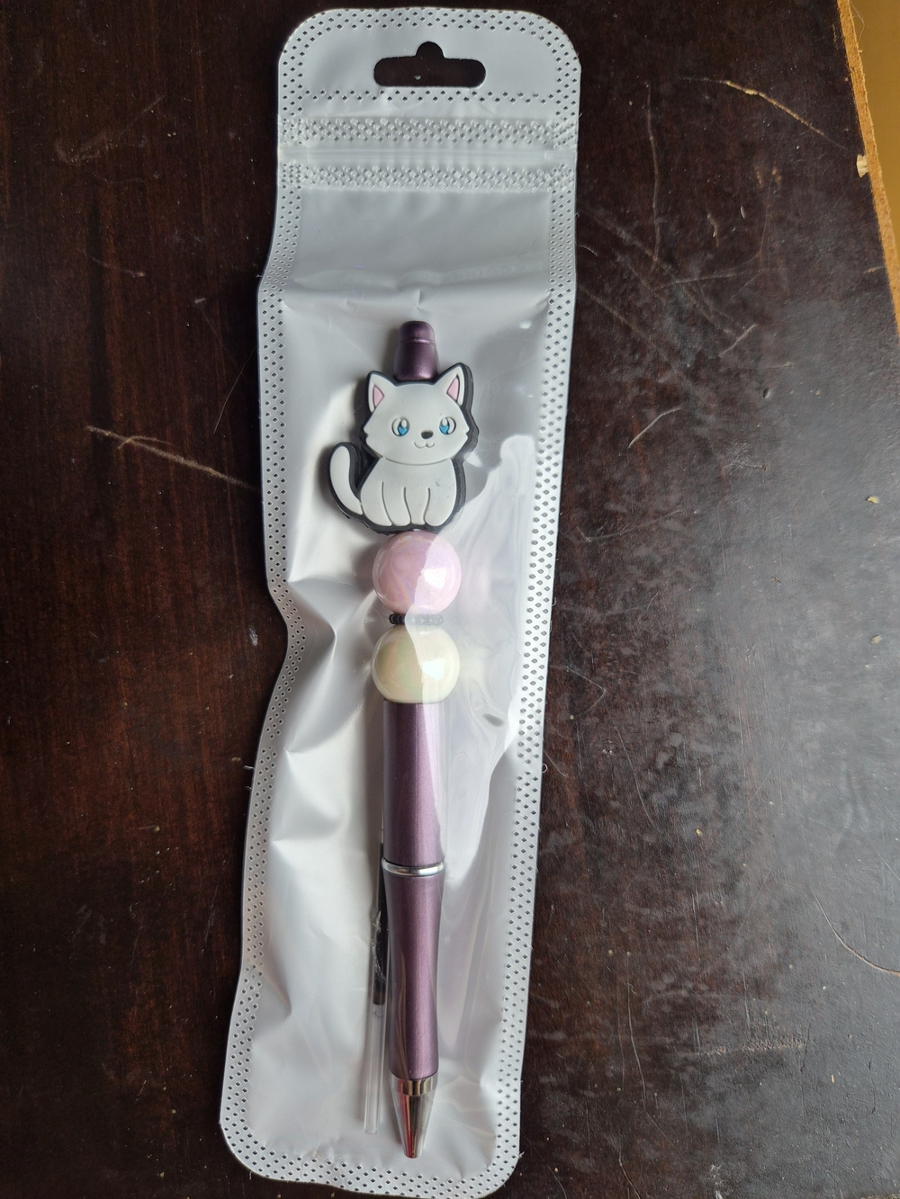 Source Unknown Purple Cat Bead Ballpoint Pen with Pink & Cream Beads